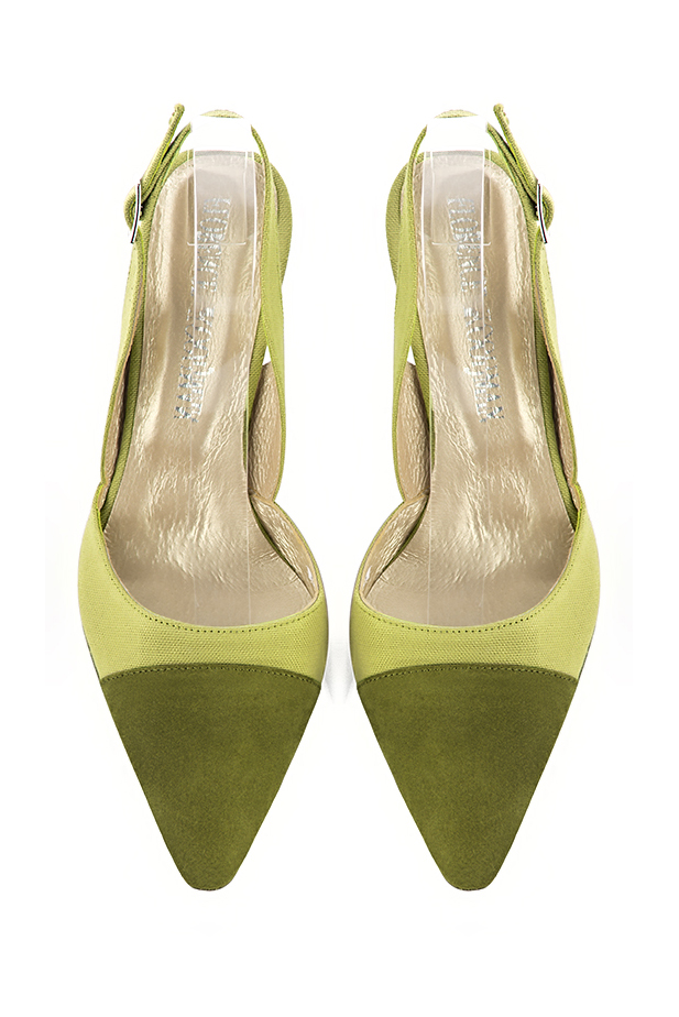 Women's pistachio green elegant slingback heels. Tapered toe. Medium slim heel - Top view